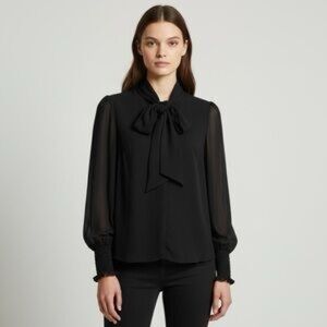 Catherine Malandrino Elegant Black Tie-Neck Blouse Sheer Sleeve Small